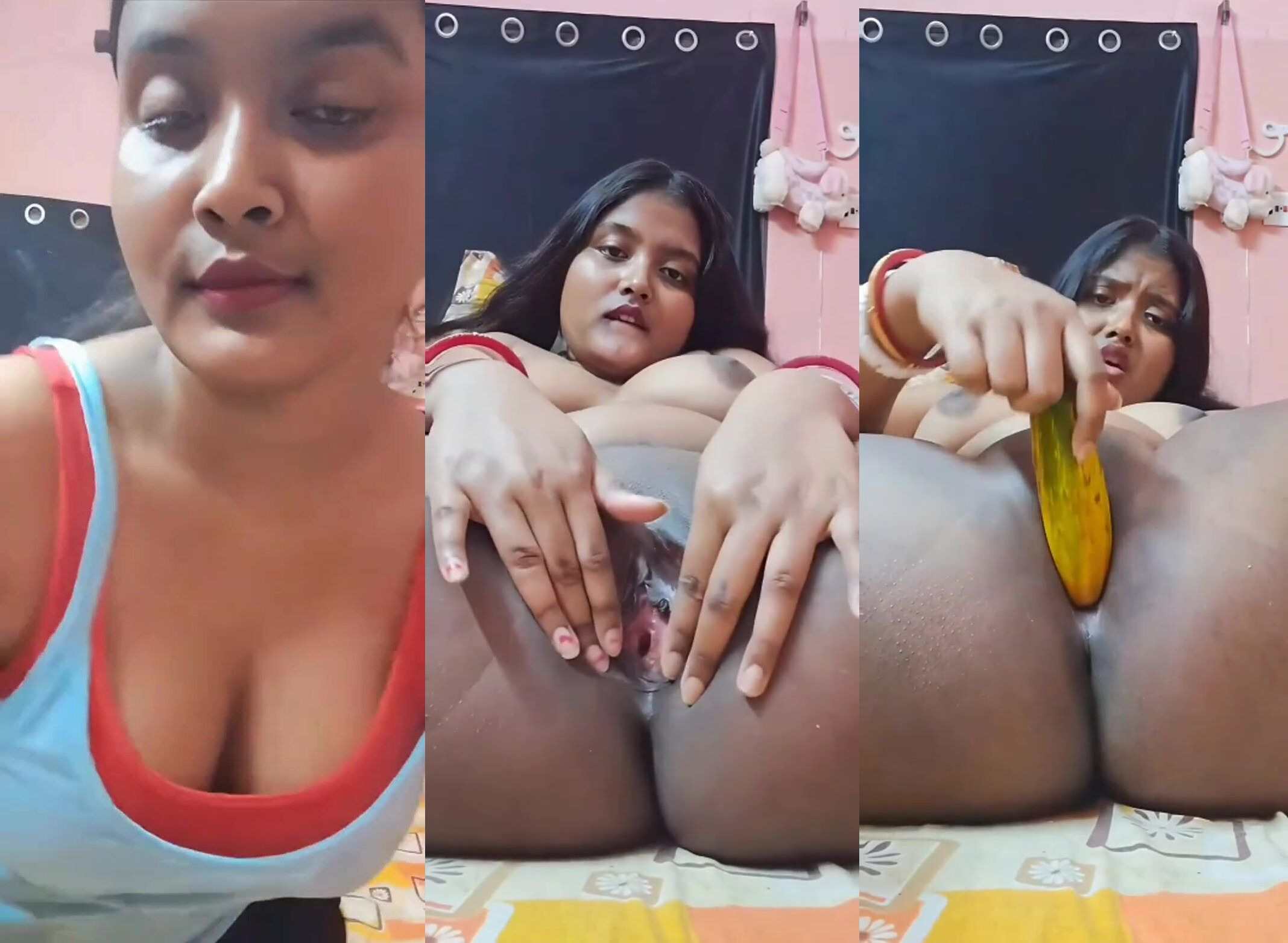 Horny Lesbian strips & masturbates with a banana
